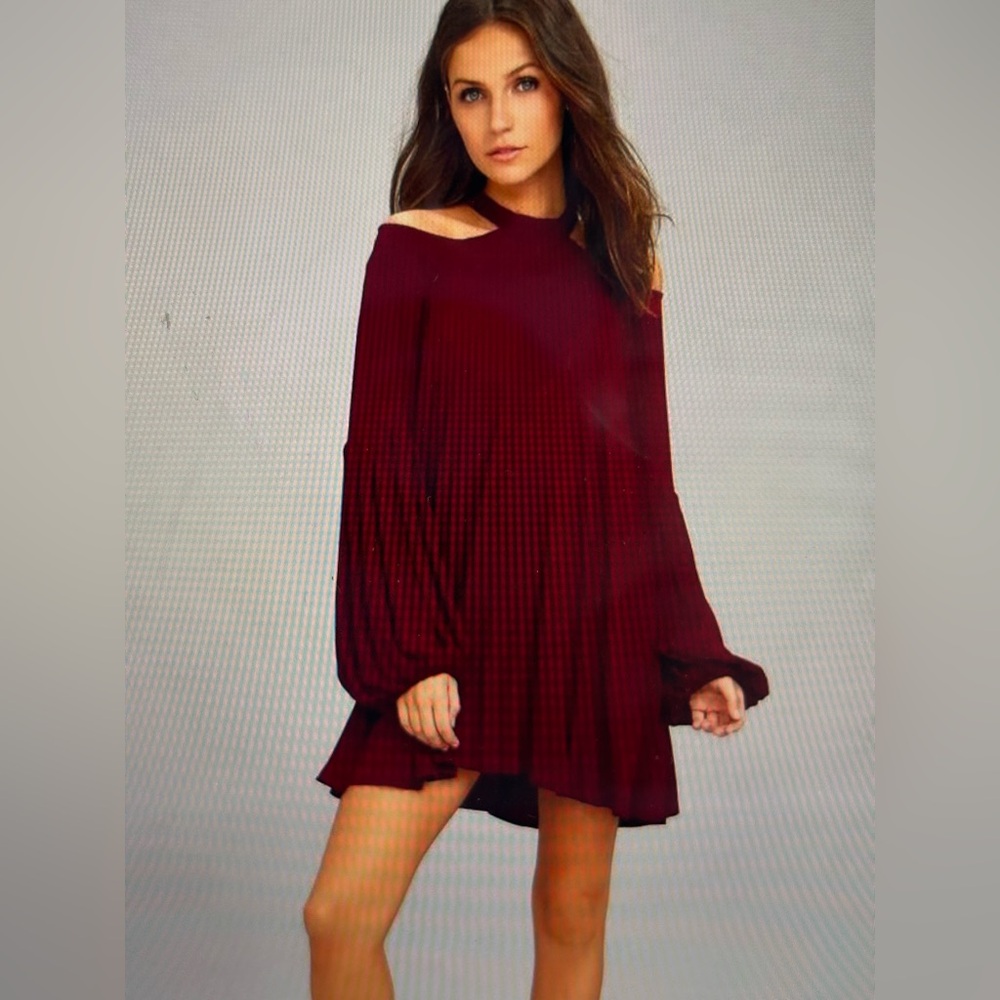 Free People Drift Away Cold Shoulder Burgundy Long Sleeve Dress